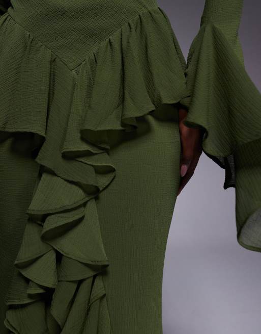 ASOS DESIGN - Maxi-jurk met lange mouwen en ruches in bosgroen, 3 van 4