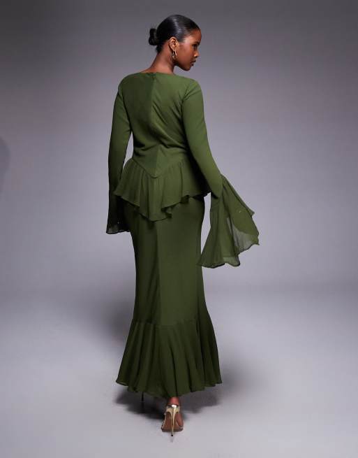 ASOS DESIGN - Maxi-jurk met lange mouwen en ruches in bosgroen, 4 van 4