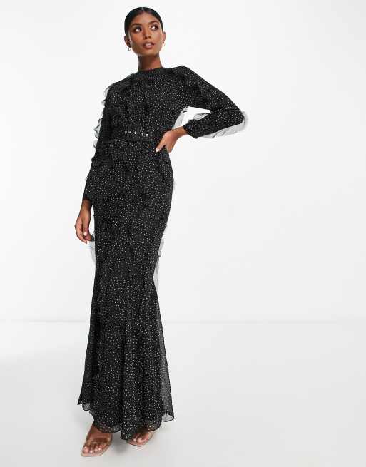 ASOS DESIGN - Maxi jurk met lange mouwen en ruches in zwart met witte stippen