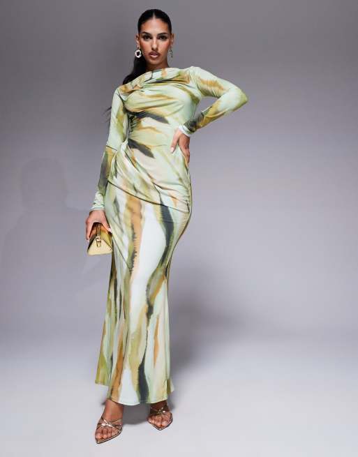 ASOS DESIGN - Maxi jurk met lange mouwen, geknoopt detail en abstracte ton-sur-ton print