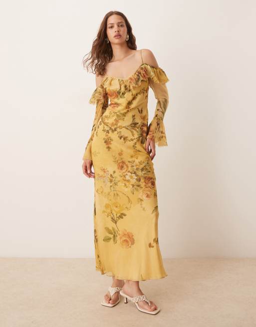 ASOS DESIGN - Maxi jurk met lange mouwen, ruches en blote schouders in vintage bloemenprint