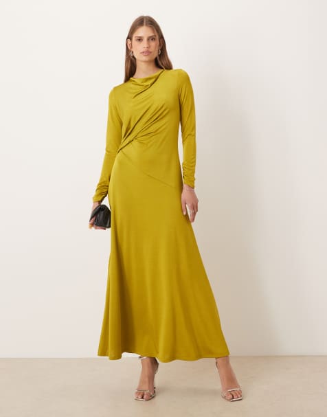 ASOS DESIGN - Maxi-jurk met lange mouwen, ruches en knoopdetail in groen - view 1
