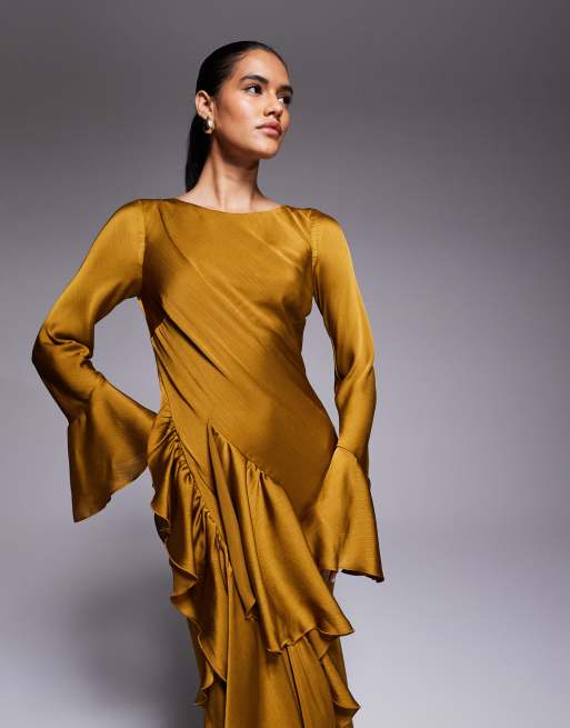 ASOS DESIGN - Maxi-jurk met lange mouwen, ruches en open achterkant in mosterdgeel, 2 van 4