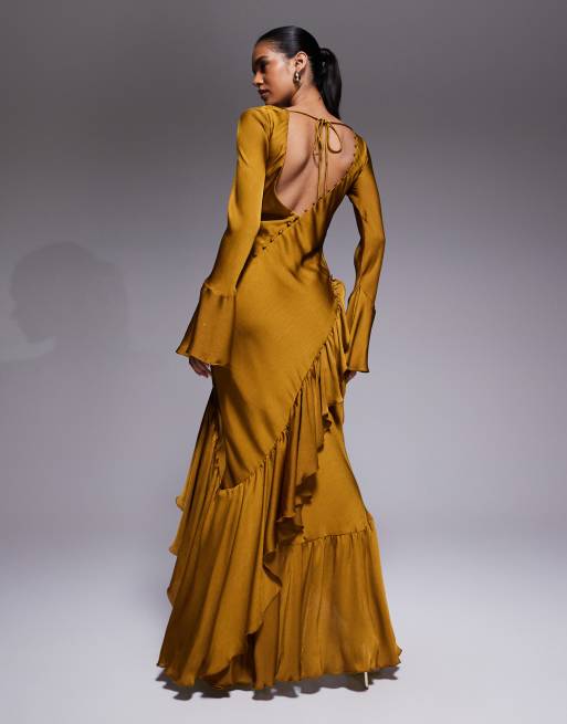 ASOS DESIGN - Maxi-jurk met lange mouwen, ruches en open achterkant in mosterdgeel, 3 van 4