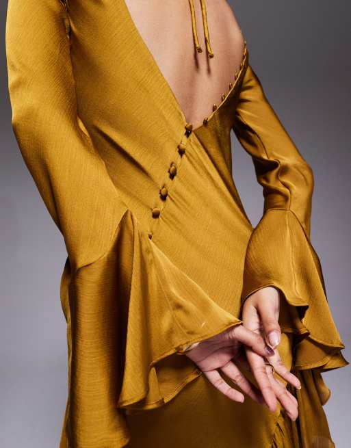 ASOS DESIGN - Maxi-jurk met lange mouwen, ruches en open achterkant in mosterdgeel, 4 van 4