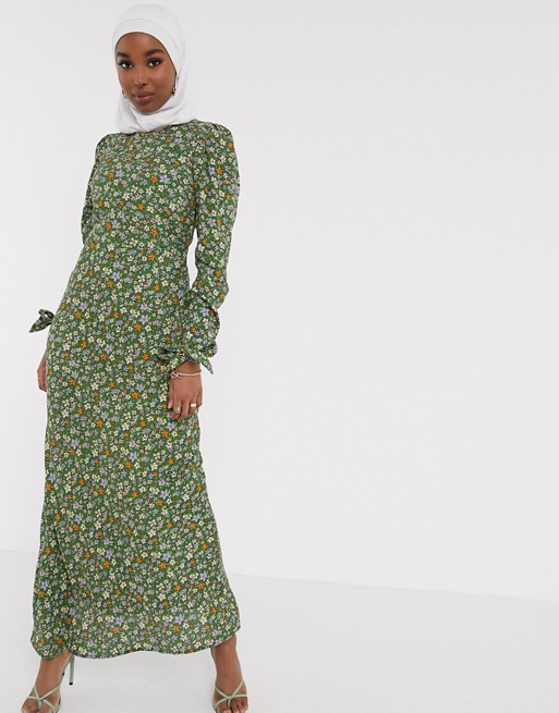 Hedendaags ASOS DESIGN - Maxi-jurk met lange mouwen, strikdetail en fijne RL-09