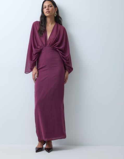 ASOS DESIGN maxi jurk met lange vleermuismouwen van chiffon in paars - view 1