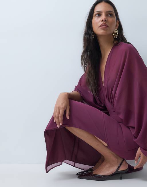 ASOS DESIGN maxi jurk met lange vleermuismouwen van chiffon in paars, 2 van 4