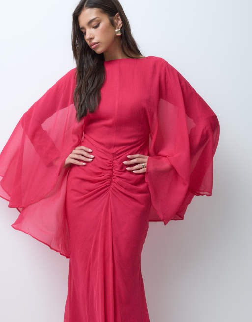 ASOS DESIGN maxi jurk met lange vlindermouwen en gerimpelde taille in rood, 2 van 5