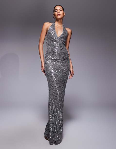 ASOS DESIGN - Maxi jurk met lovertjes en diep decolleté in zilver - view 1
