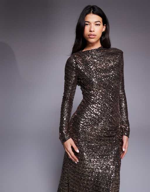 ASOS DESIGN - Maxi-jurk met lovertjes en lange mouwen in champagne, 3 van 4