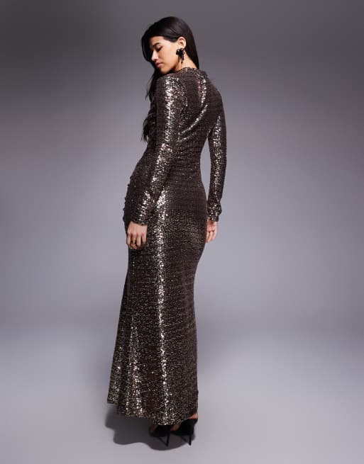 ASOS DESIGN - Maxi-jurk met lovertjes en lange mouwen in champagne, 4 van 4