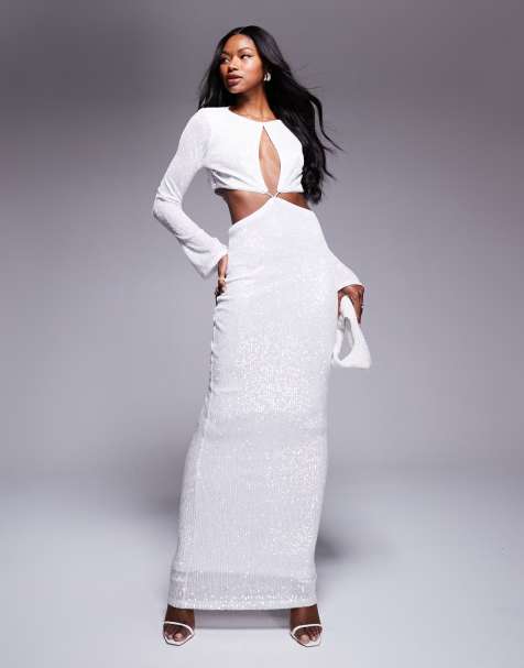 ASOS DESIGN - Maxi-jurk met lovertjes, lange mouwen, wikkeldetail en uitsnijding in wit - view 1