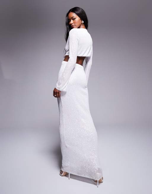 ASOS DESIGN - Maxi-jurk met lovertjes, lange mouwen, wikkeldetail en uitsnijding in wit, 4 van 4