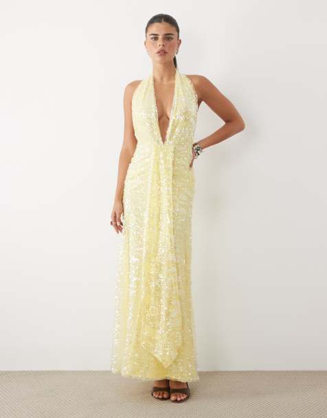 ASOS DESIGN maxi jurk met lovertjes, plissé, halternek en diepe hals met sjaaldetail in geel - view 1