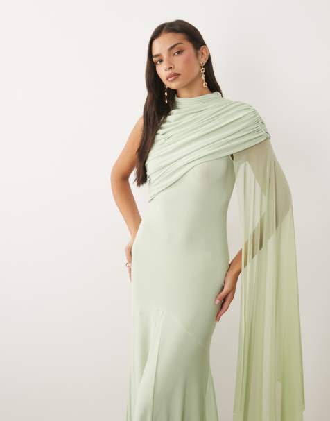 ASOS DESIGN maxi-jurk met mesh overlay en cape met godets in saliegroen - view 1