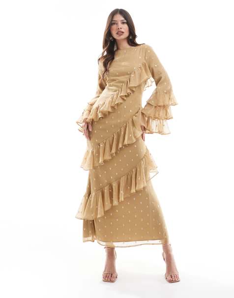 ASOS DESIGN - Maxi-jurk met mouwen met stroken en ruches van dobbystof in goud - view 1