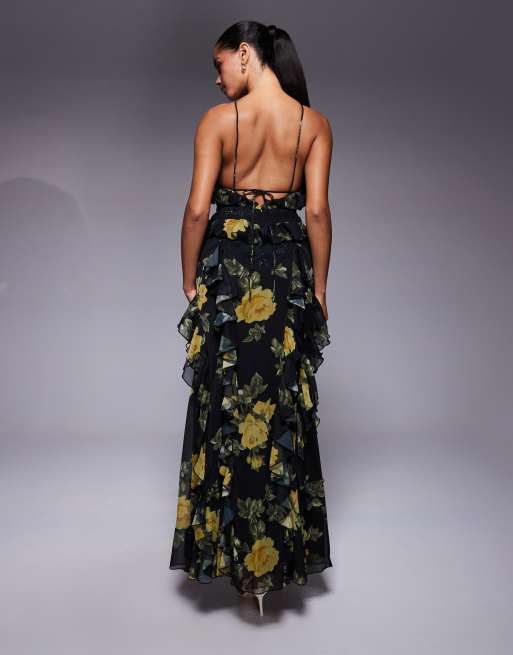 ASOS DESIGN - Maxi jurk met opengewerkte rand en ruches in bloemenprint, 2 van 4