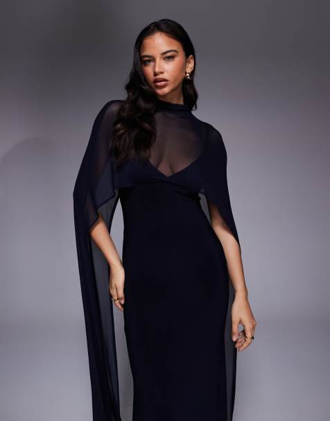 ASOS DESIGN - Maxi-jurk met overdreven cape in marineblauw - view 1