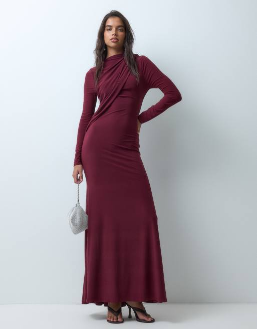 ASOS DESIGN maxi jurk met overslag en hoogsluitende hals in bordeauxrood, 3 van 5