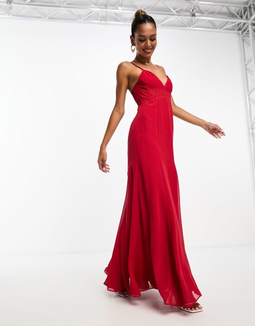 ASOS DESIGN - Maxi jurk met panelen van chiffon en korset met gerimpelde buste in rood