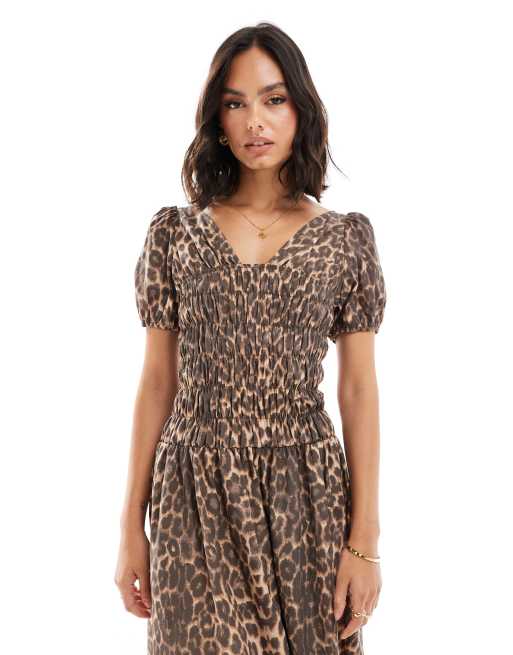 ASOS DESIGN - Maxi-jurk met pofmouwen en gerimpeld lijfje in luipaardprint, 4 van 4
