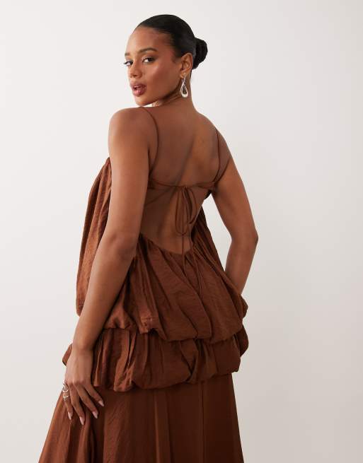 ASOS DESIGN - Maxi jurk met pofzoom, stroken en camibandjes in bruin, 4 van 4