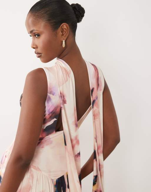 ASOS DESIGN maxi jurk met print en sjaaldetail in roze bloemenprint, 3 van 4