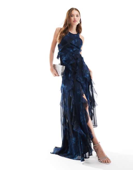 ASOS DESIGN - Maxi jurk met racerhalslijn, ruches en ongelijke zoom in groenblauwe abstracte bloemenprint