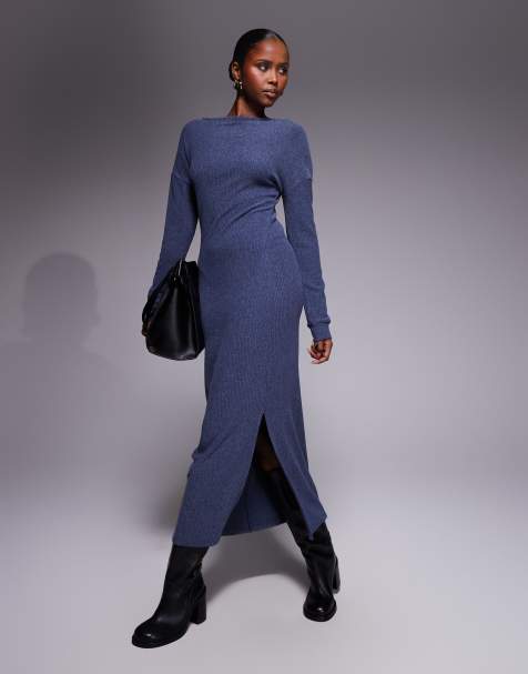 ASOS DESIGN - Maxi-jurk met rechte hals en verlaagde schouders in marineblauw - view 1