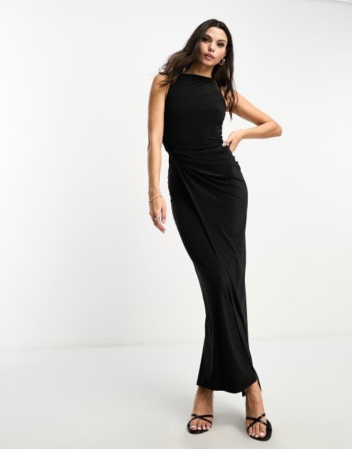 ASOS DESIGN - Maxi jurk met rechte halslijn en gedrapeerde details in zwart, 3 van 4