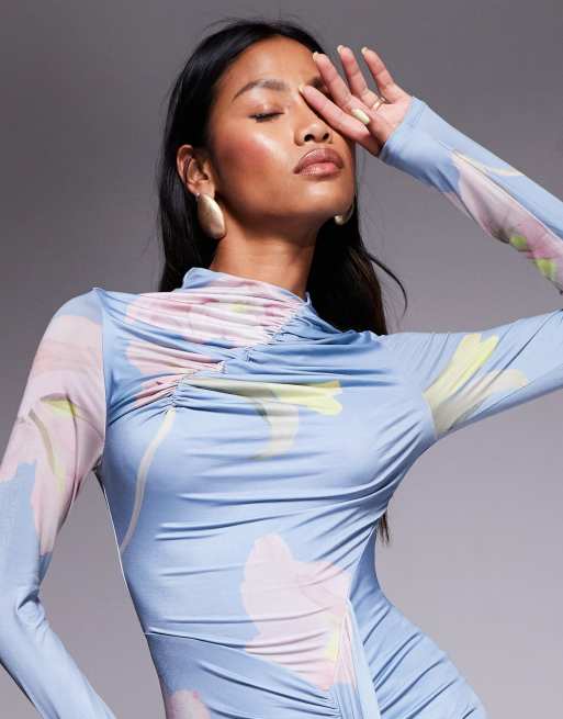 ASOS DESIGN - Maxi jurk met rimpeleffect, lange mouwen en bloemenprint, 2 van 4