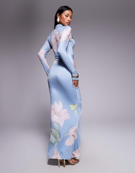 ASOS DESIGN - Maxi jurk met rimpeleffect, lange mouwen en bloemenprint, 3 van 4
