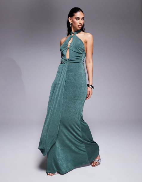 ASOS DESIGN - Maxi jurk met ringdetail, gestrikte achterkant en sleep in kaki - view 1