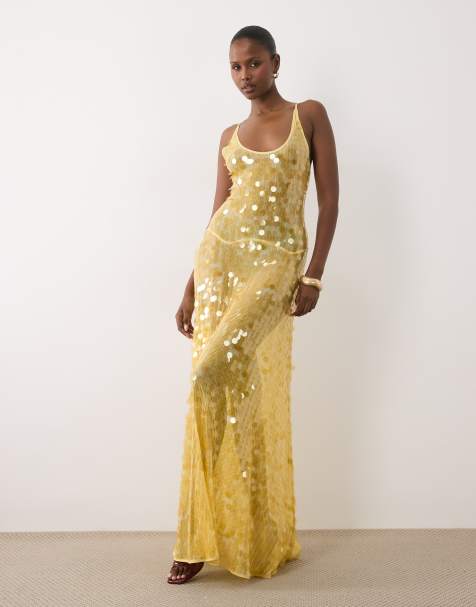 ASOS DESIGN maxi jurk met ronde hals en verspreide pailletten in geel - view 1