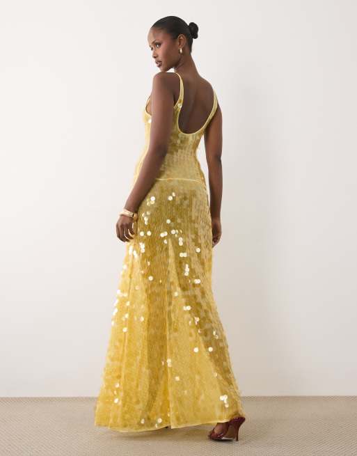 ASOS DESIGN maxi jurk met ronde hals en verspreide pailletten in geel, 2 van 4