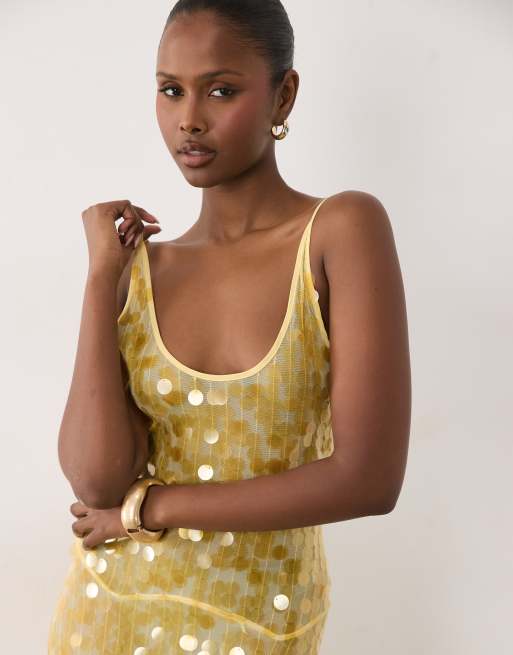 ASOS DESIGN maxi jurk met ronde hals en verspreide pailletten in geel, 4 van 4