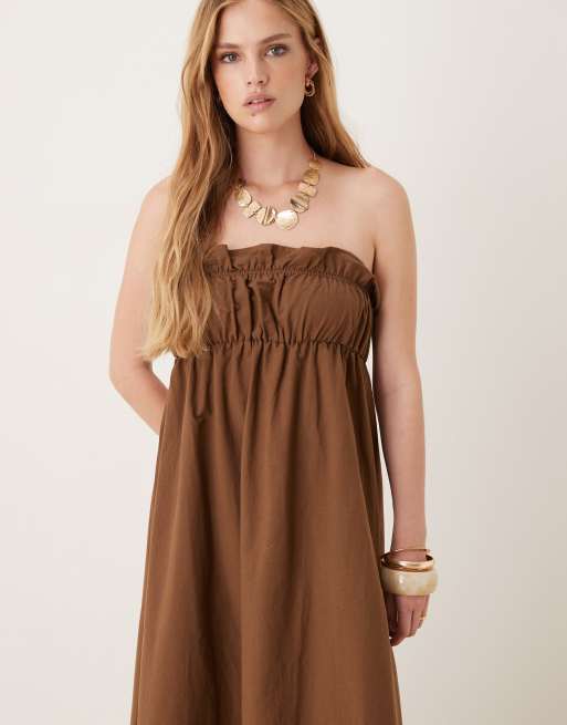 ASOS DESIGN - Maxi jurk met ruches aan de buste in rijk chocoladebruin, 4 van 4