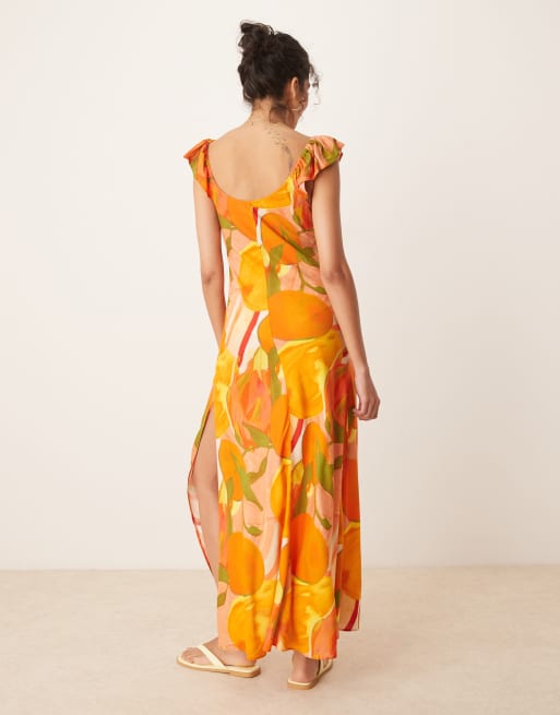 ASOS DESIGN - Maxi jurk met ruches aan de mouwen in oranje fruitprint, 2 van 4