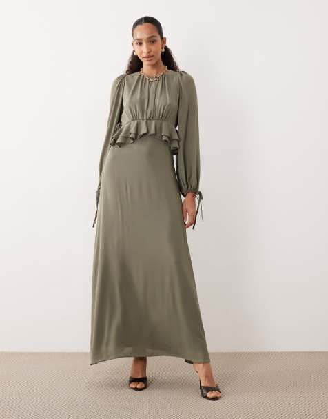 ASOS DESIGN - Maxi-jurk met ruches aan de taille in kaki - view 1