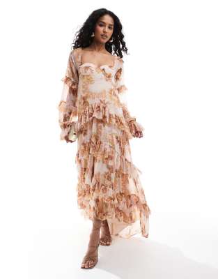 Maya Deluxe Maxi-jurk voor dames, met ruches, schouderdetail, bruidsmeisje, moody lila, 16