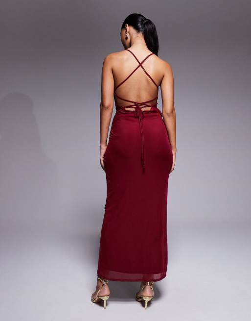 ASOS DESIGN - Maxi-jurk met ruches en gestrikte achterkant in pruimenpaars, 2 van 4