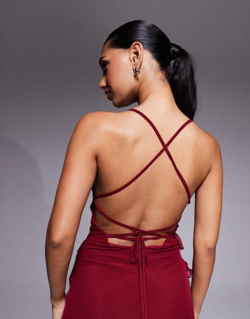 ASOS DESIGN - Maxi-jurk met ruches en gestrikte achterkant in pruimenpaars, 3 van 4