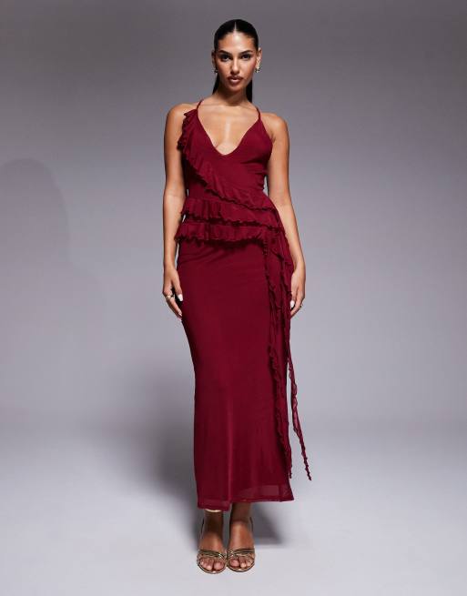 ASOS DESIGN - Maxi-jurk met ruches en gestrikte achterkant in pruimenpaars, 4 van 4