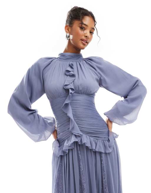 ASOS DESIGN - Maxi-jurk met ruches en kant in zachtblauw, 4 van 4