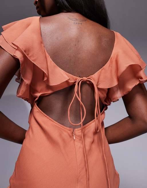 ASOS DESIGN - Maxi jurk met ruches, fladdermouwen en zijsplit in roestbruin, 2 van 4