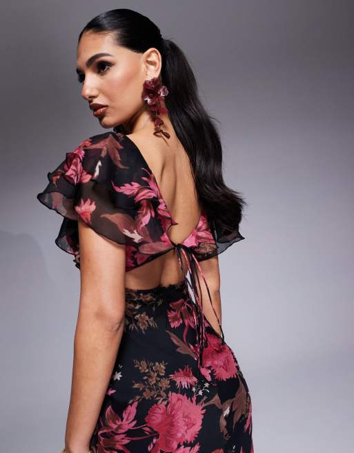 ASOS DESIGN - Maxi jurk met ruches, fladdermouwen en zijsplit in roze bloemenprint, 2 van 4