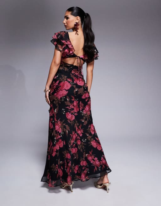 ASOS DESIGN - Maxi jurk met ruches, fladdermouwen en zijsplit in roze bloemenprint, 4 van 4