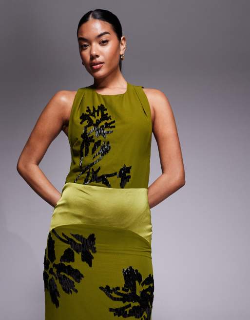ASOS DESIGN - Maxi-jurk met satijnen paneel en bloemversiering in groen, 2 van 4
