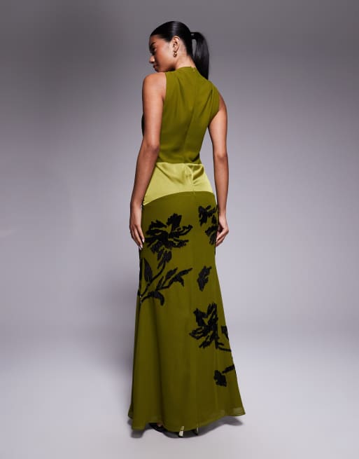ASOS DESIGN - Maxi-jurk met satijnen paneel en bloemversiering in groen, 4 van 4